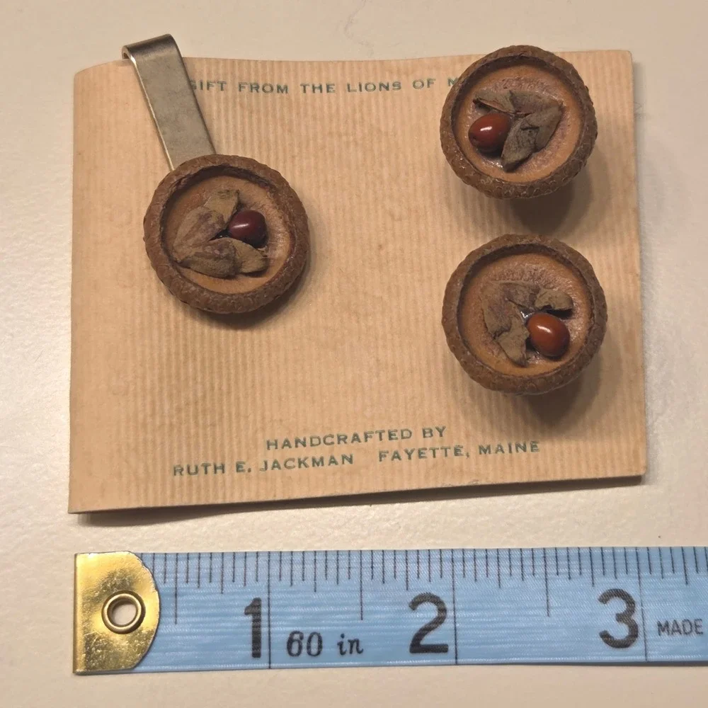 Ruth E Jackman Handcrafted Acorn Cufflinks & Tie Clip Set Fayette Maine Gift